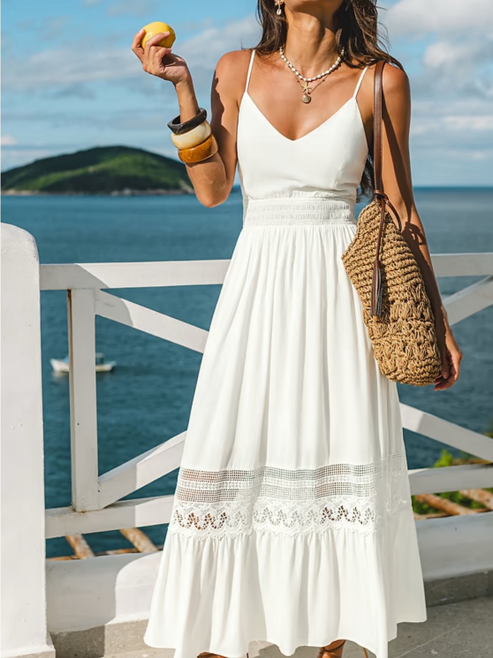 Cupshe White Sleeveless V-Neck Lace-Trim Maxi Dress
